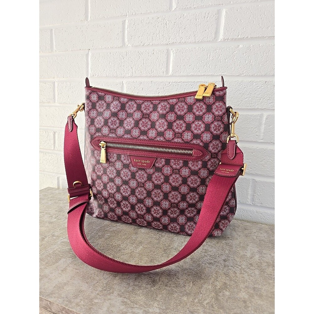 Kate Spade Flower Monogram Coated Canvas Garnet Rose Medium Messenger Sample - Picture 2 of 15